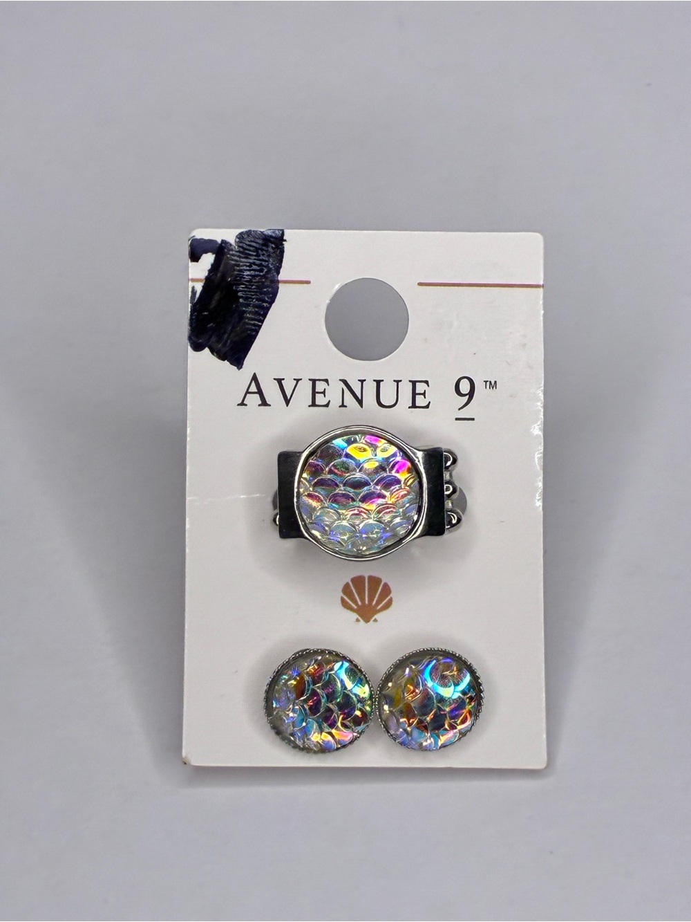 Avenue 9 Mermaid Rainbow Fish Scale & Silver Stretch Ring And Stud Earrings Set